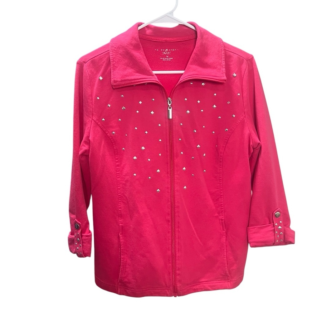 KAREN SCOTT Women's Pink Jacket Studded Zip Up Cuff Sleeves size Medium Soft